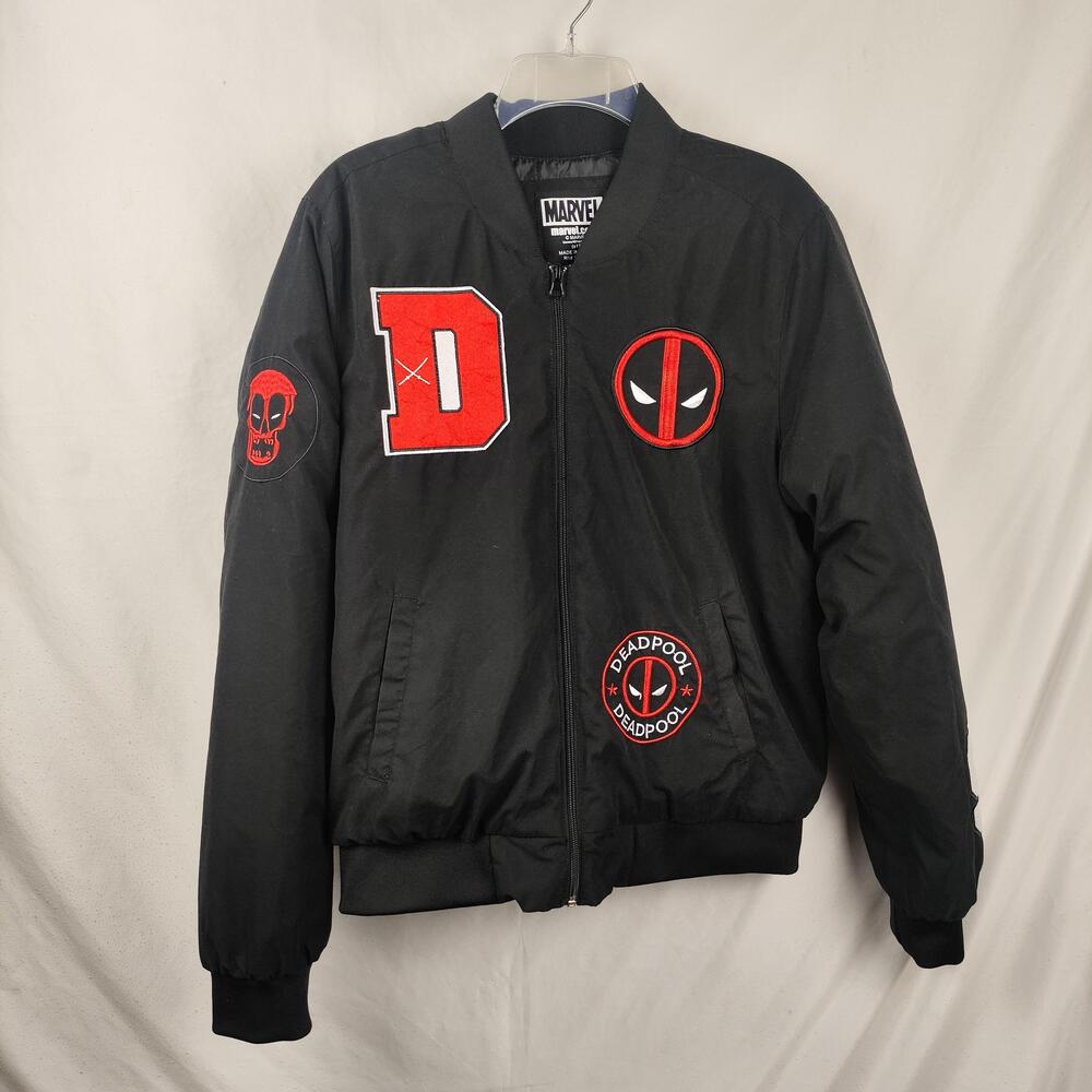 Marvel Deadpool Jacket Mens Medium Black Bomber Full Zip Lined Varsity Patches